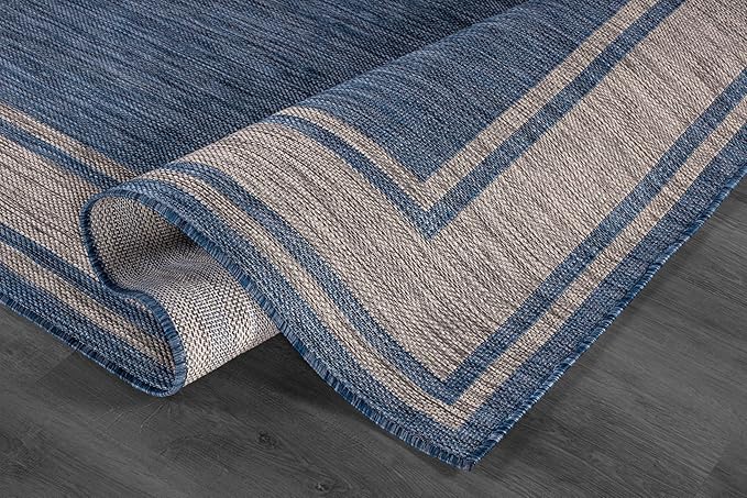 Beverly Rug Outdoor Rug 8x10 Modern Bordered Area Rugs for Indoor and Outdoor Patio Deck Porch Garden Waterproof Weather Sun Resistant Washable Outside Carpet (8 x 10 Navy)