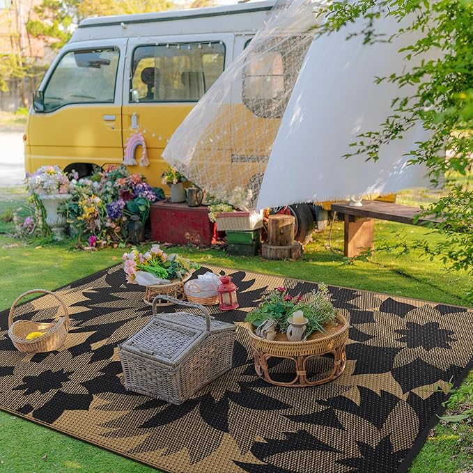 GENIMO Outdoor Rug 6' x 9' Waterproof for Patio Clearance, Reversible Plastic Straw Camping Mat, Light Weight Carpet for Rv, Camper, Deck, Porch, Picnic, Balcony, Beach, I.Black & Brown