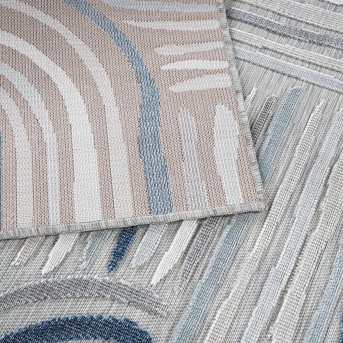 CAMILSON Indoor Outdoor Rug, Blue 5x7 Geometric Arch Striped Area Rugs for Patio and Home Areas, Easy-Cleaning Non-Shedding Living Room, Garden and Deck Washable Outside Carpet (5 x 7)