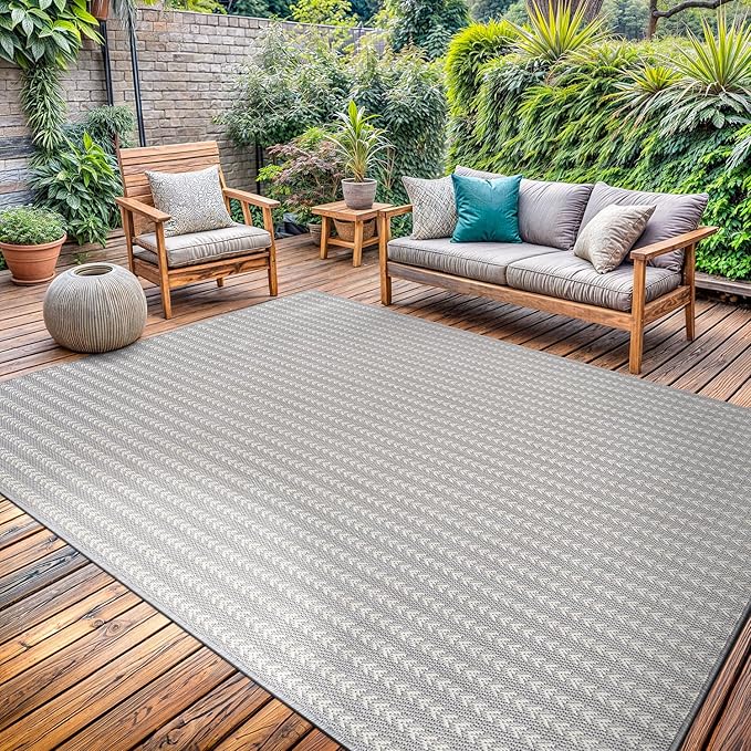 Washable Outdoor Rug 8x10 Modern Area Rugs Outdoor Carpets Striped Pattern Non Shedding Waterproof Easy Clean Patio Deck Porch Living Room Bedroom Garden RV (8 X 10 Gray)