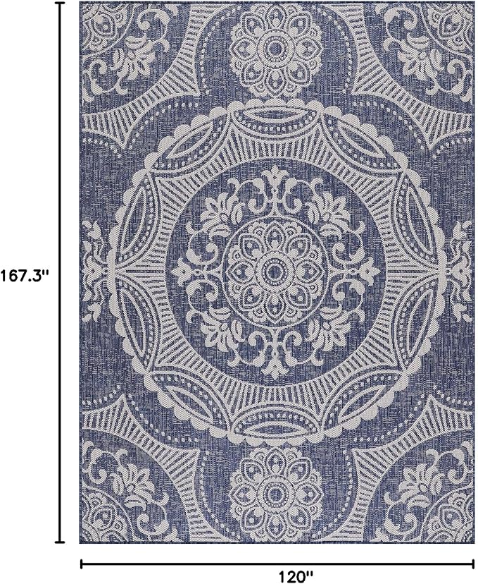 Medallion Outdoor Rug 10x14 Washable Outside Carpet for Indoor Patio Porch Waterproof Easy Cleaning Non Shedding Area Rugs Blue 10 x 14