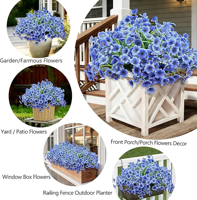 20 Bundles Artificial Flowers for Outdoors,UV Resistant Fake Flowers with Plastic Plants,Silk Faux Fowers for Outdoor Planters,Fake Realistic Flowers Window Box Front Porch Hanging Basket Decor-Blue