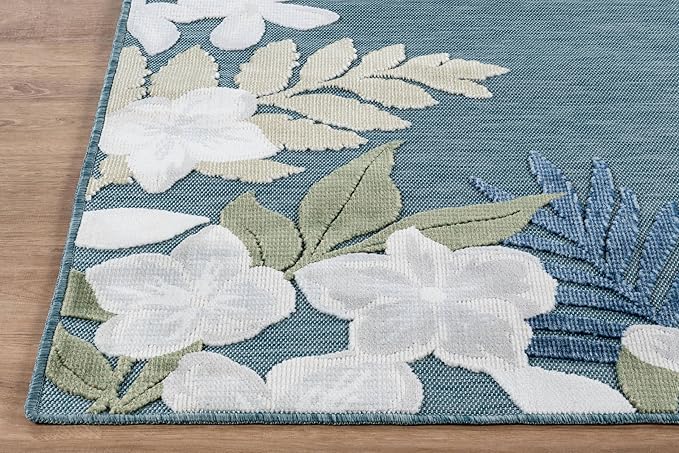 Outdoor Rug 9x12 Washable Area Rugs Indoor Outdoor Carpets Aqua Border Floral Non Shedding Waterproof Easy Clean Patio Deck Porch Living Room Bedroom Garden RV (9 X 12 Aqua)