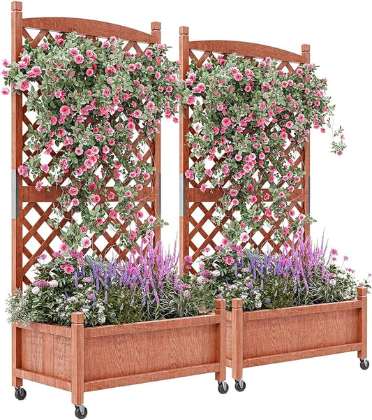 2-Pack Tall Wood Planter Box with Trellis, 29.5" h Vertical Garden on Wheels with Drainage Holes, for Climbing Plants, Herbs, Flowers in Patio & Balcony