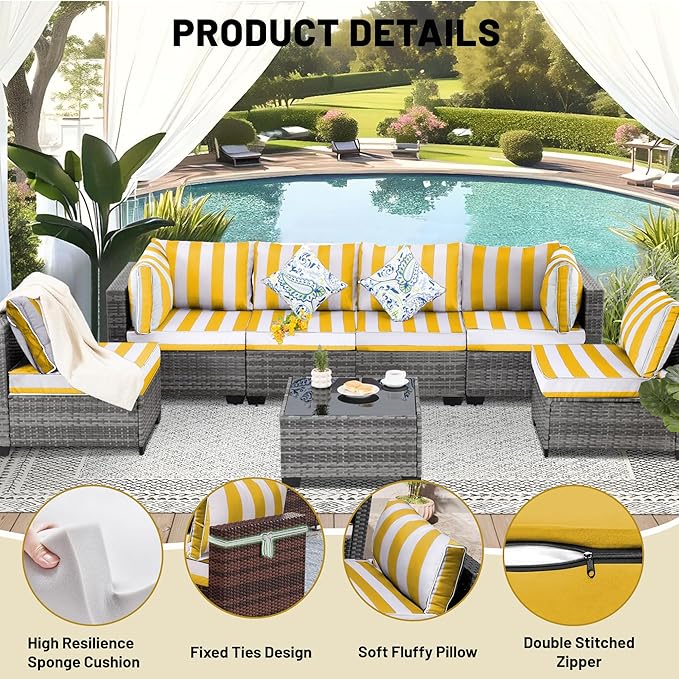 14 Piece Outdoor Sectional Cushions, Water-Resistant Outdoor Sofa Cushions Replacement, 4" High Density Foam Patio Furniture Cushions Fits 6-seat Rattan Conversation Set (Yellow White)