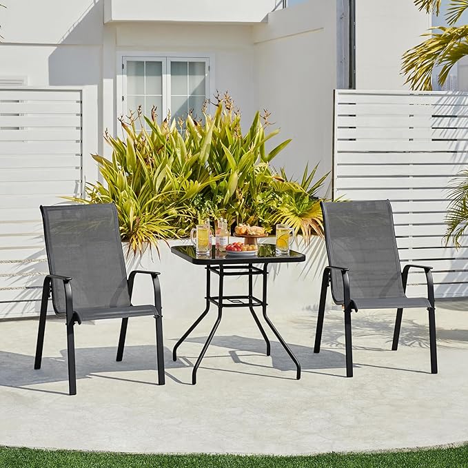 Yaheetech Patio Chairs Set of 2, Dining Chairs with Breathable Fabric and Heavy-Duty Iron Frame for Lawn, Backyard, Deck, 300 lbs Capacity, Gray