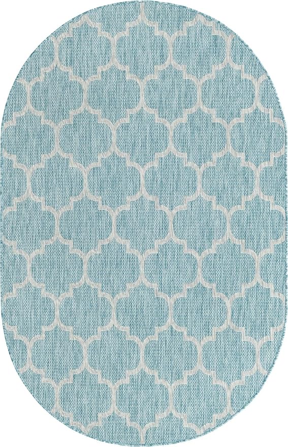 Unique Loom Outdoor Trellis Collection Area Rug (5' 1" x 8' Oval, Aquamarine/ Gray)