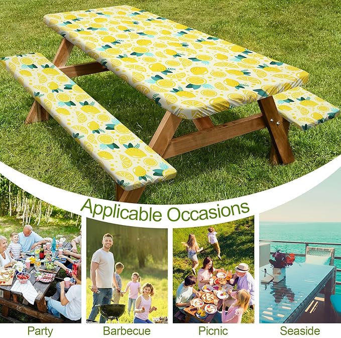 Picnic Table Cover with Bench Covers 6FT 3 Pcs Waterproof Windproof Aesthetic Camping Tablecloth with Drawstring Bag, Fitted for 6 Foot Rectangle Tables and Seats, 72 inch, Yellow Lemon