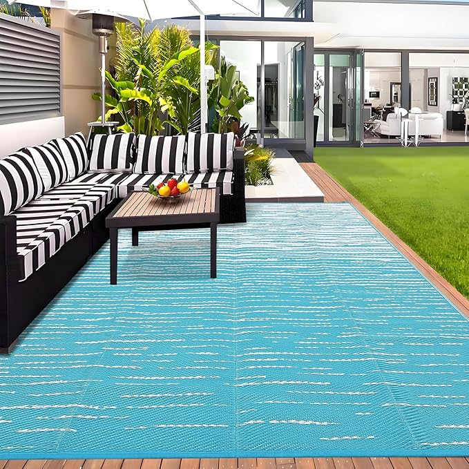 Outdoor Rug 5x8 Waterproof Patio Rugs Abstarct Line Reversible Mat for Front Door Rv Foldable Plastic Straw Carpet for Travel Trailers, Deck, Picnic, Porch, Camper, Balcony, Beach，Light Blue