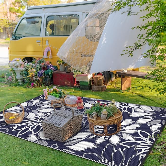 GENIMO Outdoor Rug Waterproof for Patio Decor, 5' x 8' Reversible Plastic Straw Floral Camping Carpet, Large Area Rugs Mats for RV, Camper, Deck, Balcony, Porch, Beach, Picnic, Blue & White