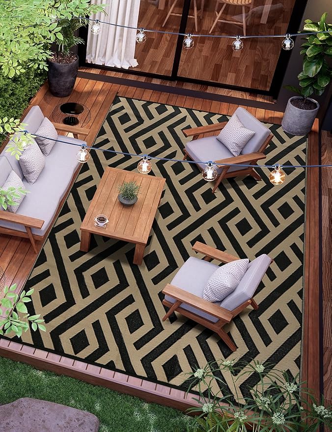 9x12 Outdoor Patio Rug with Carry Bag, Waterproof Outdoor Plastic Straw Rug RV Camping Rug, Reversible Picnic Mat Outside Carpet for Backyard, Campsite, Garden, Deck, Black & Beige