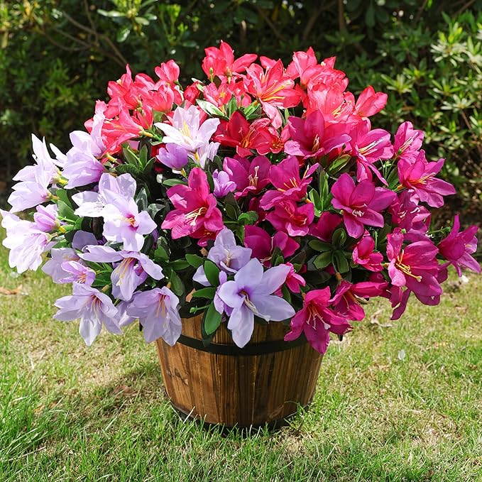 INSPRING Artificial Flowers for Outdoors Outside, 3 Bundles Fake Silk Azalea Flower Realistic UV Resistant Spring Flowers for Decoration Faux Plants for Outdoor Planters Porch Patio Garden Home, Mix