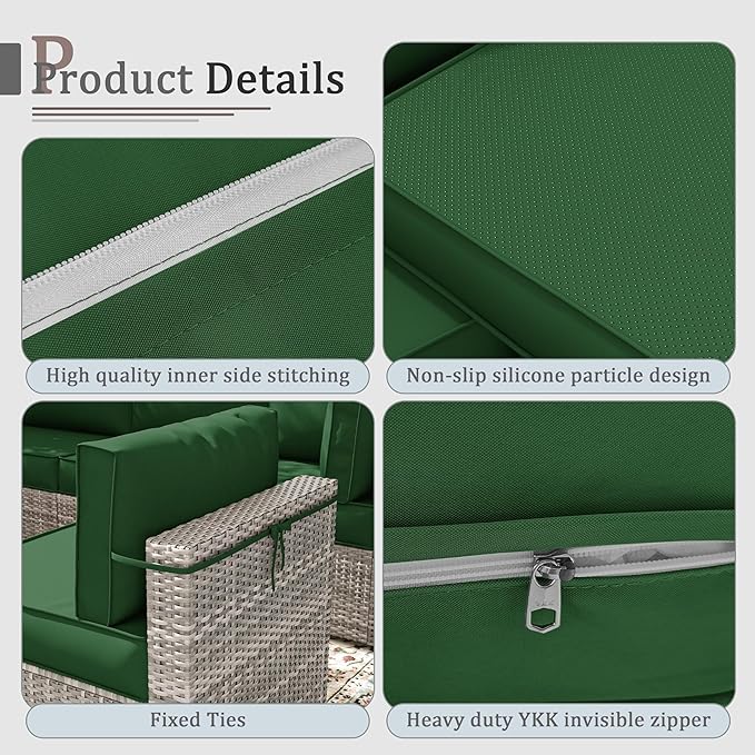Outdoor Cushions for Patio Furniture with 5 Pillows, Waterproof Patio Furniture Cushions Replacement, 4" Deep Seat Outdoor Sectional Cushions for 4-seat Patio Furniture Chair Sofa Couch,Green