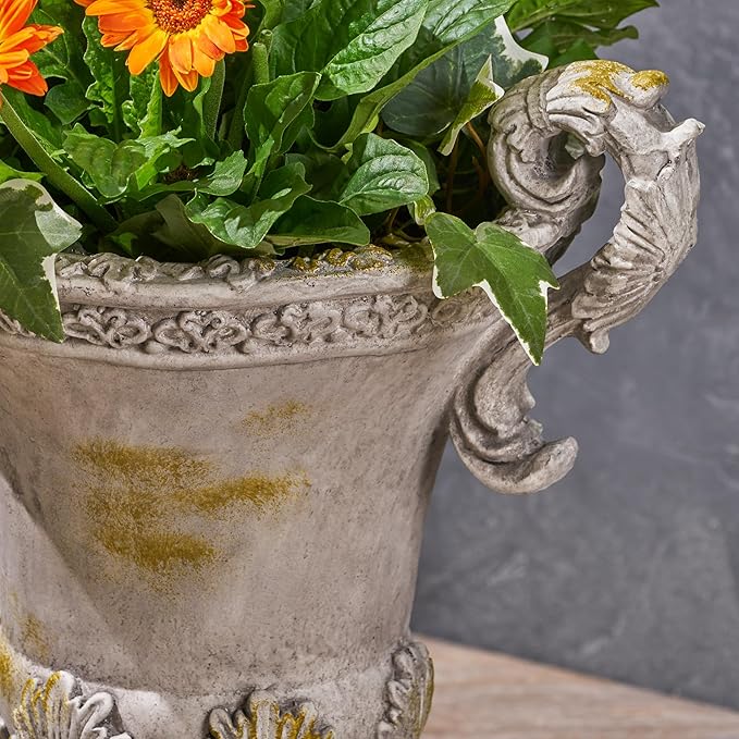 Merax 19.25'' Tall Elegant Roman Style Lightweight Concrete Planter with Botanical Accents, Square Indoor Outdoor Flower Pot with Drainage Hole & Stopper, Grey