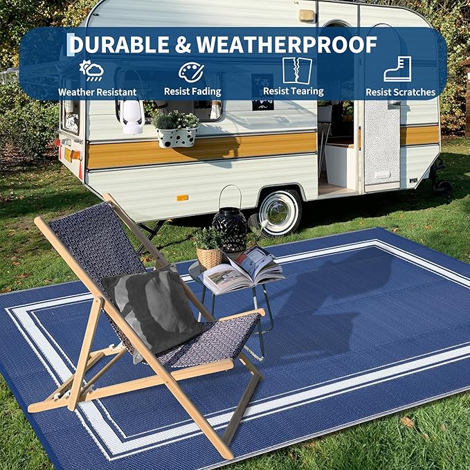 COZYLOOM Outdoor Rugs 9x12 UV Resistant Waterproof Patio Rug, Outdoor Plastic Straw Rug Reversible RV Camping Mat with Portable Bag & 4 Stakes, Modern Bordered Carpet for Balcony Deck Yard, Navy&White