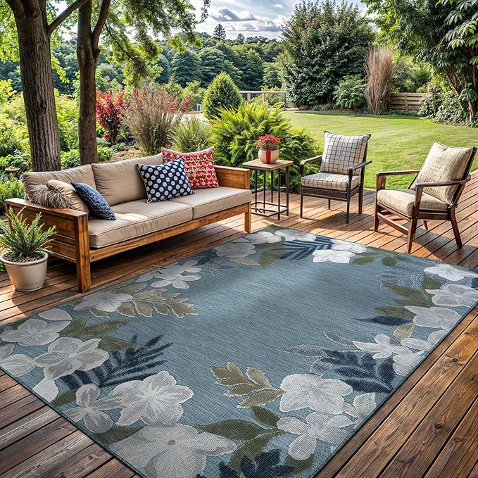 Outdoor Rug 9x12 Washable Area Rugs Indoor Outdoor Carpets Aqua Border Floral Non Shedding Waterproof Easy Clean Patio Deck Porch Living Room Bedroom Garden RV (9 X 12 Aqua)