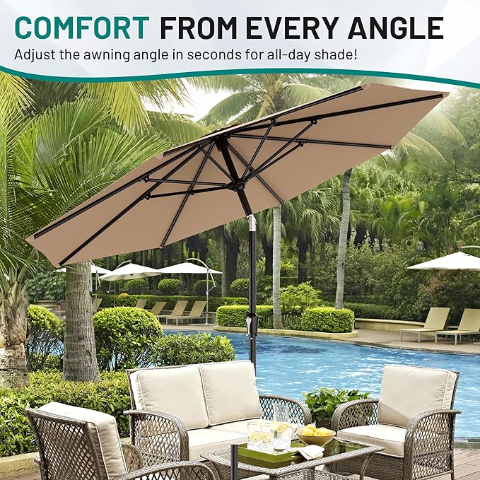 AreShark 9 FT Patio Umbrella for Outdoor, Outdoor Umbrella with Push Button Tilt and Crank, Outdoor Patio Umbrellas with 8 Sturdy Ribs for Market, Garden, Deck, Backyard, Pool (Beige)