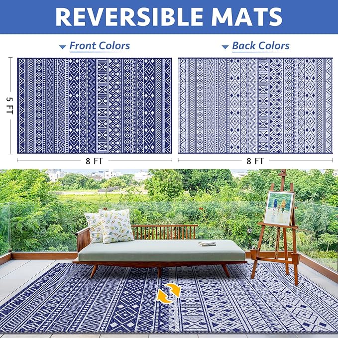 StepLively Outdoor Rug 5x8 ft, Reversible Waterproof Outdoor Plastic Straw Rug, Patio Rug Waterproof, Outdoor Large Area Rug for RV, Camping, Garden, Porch, All-Weather & Easy to Clean(Blue)