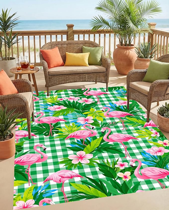 Waterproof Outdoor Patio Rug 9x12 Tropical Flamingo Monstera Flower Print Checkerboard Outside Carpet for Porch Deck Balcony Poolside Garden RV Camping Pink Green Easy Clean Durable Mat