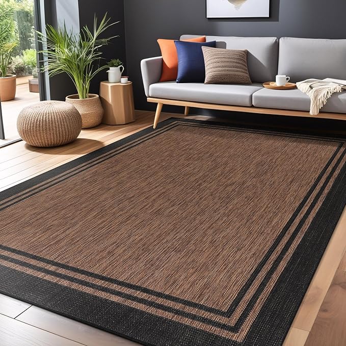 Bordered Outdoor Rug 8x10 Washable Outside Carpet for Indoor Patio Porch Waterproof Easy Cleaning Non Shedding Area Rugs Nut Brown 8 x 10