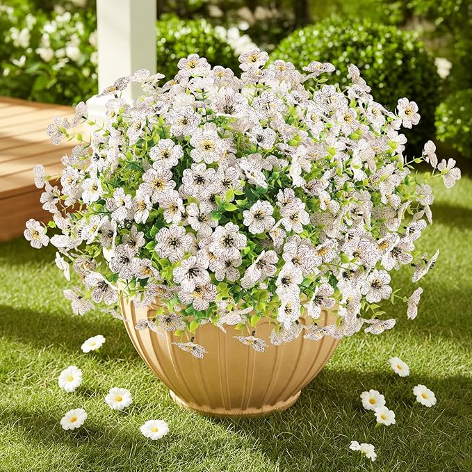 Artificial Flowers Outdoor Faux Plants UV Resistant Fake Patio Flowers Plastic Greenery Plnats Outside Bulk for Spring Garden Hanging Planter Home Vase Decor, 24 Bundles (White)
