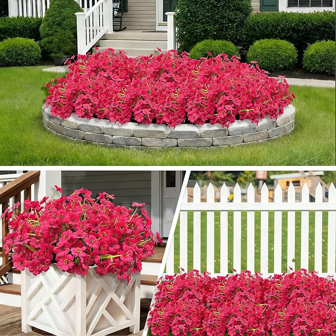 20 Bundles Artificial Flowers for Outdoors, UV Resistant Fake Flowers with Plastic Plants for Outside , Faux magenta Silk Flower for outdoor Planters , realistic Plant Front Porch Patio Decor-Rosy