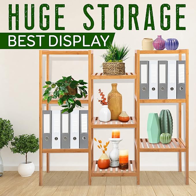 SereneLife Bamboo 9 Tier Plant Stand-Free Standing Storage Shelves for Multiple Potted Plants,Corner Shelf House Accessories Indoor and Outdoor Use,Tall Wood Holder For Backyard,Balcony, Patio,Garden