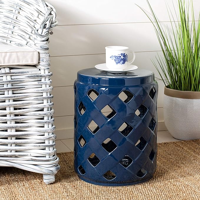 Safavieh ACS4574A Home Betli Navy Ceramic Lattice 17-inch Indoor/Outdoor Side Table Garden Stool