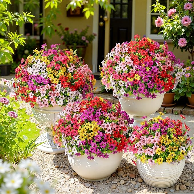 SHareconn 48 Bundles Artificial Flowers for Outdoors Spring Decoration, Fake Silk Realistic Faux Plants UV Resistant for Outside Planter Porch Patio Summer Indoor Decor, RedRose PurpleYellowPinkWhite