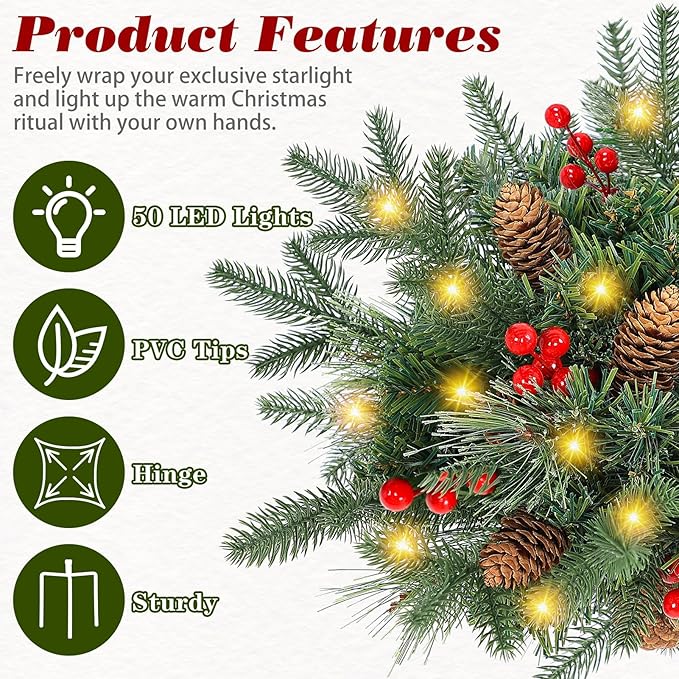 Lighted Artificial Christmas Urn Filler, 2 Pack Small Xmas Pine Tree Outdoor Decorations with Cones, Red Berries & 50 LED Lights, Light Up Planter Filler Decor for Porch Yard, Garden, Cemetery