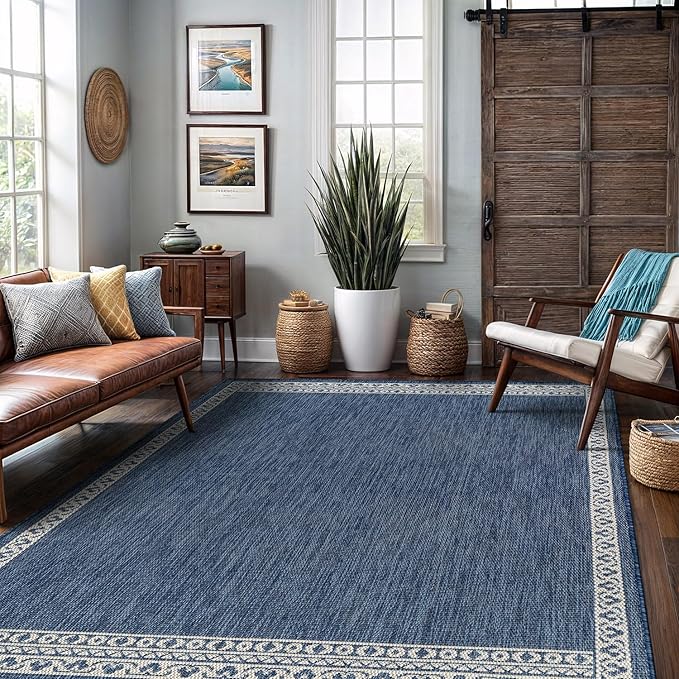 Washable Outdoor Rug 6x9 Modern Area Rugs Outdoor Carpets Bordered Pattern Non Shedding Waterproof Easy Clean Patio Deck Porch Living Room Bedroom Garden RV (6 X 9 Blue)