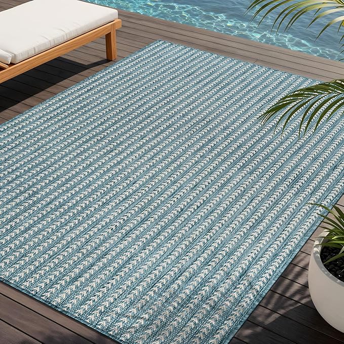Washable Outdoor Rug 8x10 Modern Area Rugs Outdoor Carpets Striped Pattern Non Shedding Waterproof Easy Clean Patio Deck Porch Living Room Bedroom Garden RV (8 X 10 Aqua)