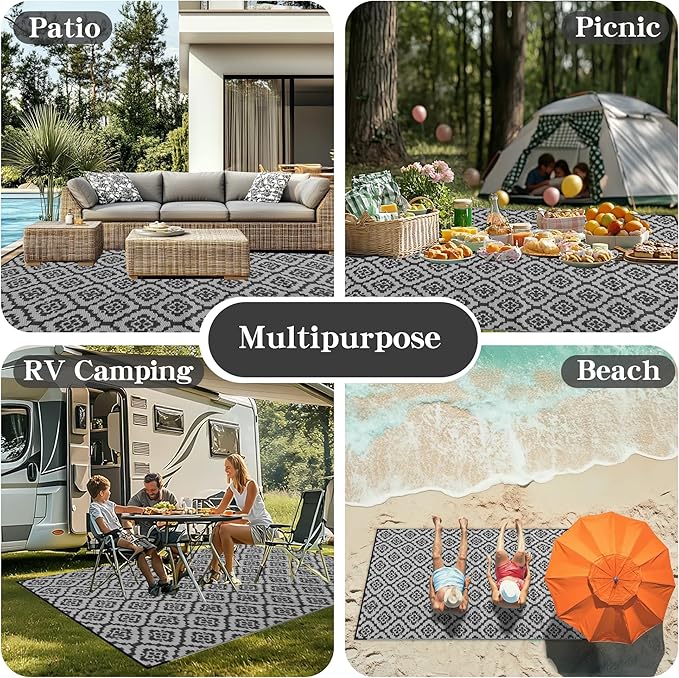 Wallona Outdoor Rugs 8x10 ft Patio Waterproof Clearance Indoor Outdoor Large Carpet for Patio Plastic Straw Reversible Area Rugs Mat for RV, Camping, Balcony, Beach, Picnic, Porch, Brick Black & Grey
