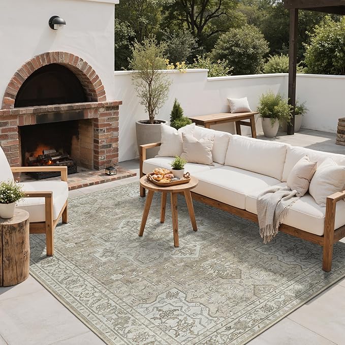 GENIMO Outdoor & Indoor Area Rug 6'x9', Waterproof, Non-Shedding, Easy Cleaning, Boho Mat for Patio, Living Room, Balcony, Dining Room, RV, Deck, Bedroom, Camping, Outside Carpet,Coffee Beige