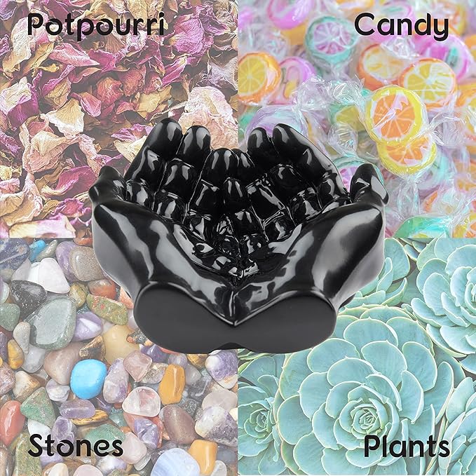 Hand Shaped Succulent Planter Pot - Crystal Display - Air Plant Holder - Giving Hands Sculpture Decor - Key Bowl Ring Dish - Candle Holder (Black)