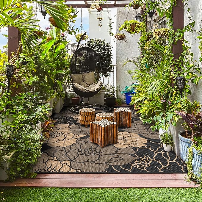 GENIMO Outdoor Rug Waterproof for Patio Decor, 9' x 12' Reversible Plastic Straw Floral Camping Carpet, Large Area Rugs Mats for RV, Camper, Deck, Balcony, Porch, Beach, Picnic, Mix-Black & Brown
