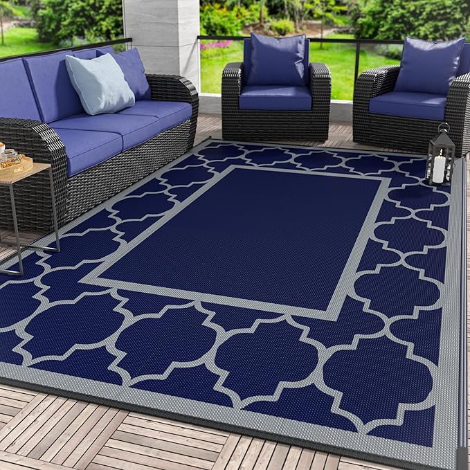 GENIMO Outdoor Rug 5' x 8' Patio Waterproof, Foldable Reversible Plastic Straw Area Rugs Mat for Camper Decor, Outside Carpet for Rv, Deck, Porch, Picnic, Beach, Balcony, Blue & Grey
