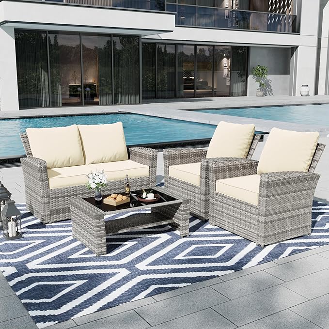 Amopatio Outdoor Chair Cushions 22.5"× 20.3" × 4", Set of 4 with Removable Cover, Waterproof & Fade Resistant seat Cushions for Patio Furniture, Cream