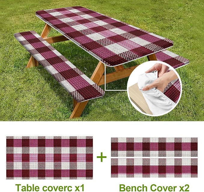 Picnic Table Cover with Bench Covers Set of 3 - Wine Purple Checkered Tablecloth, Elastic Fitted for 6 Ft Tables, Washable Polyester Cover for Camping, Indoor & Outdoor