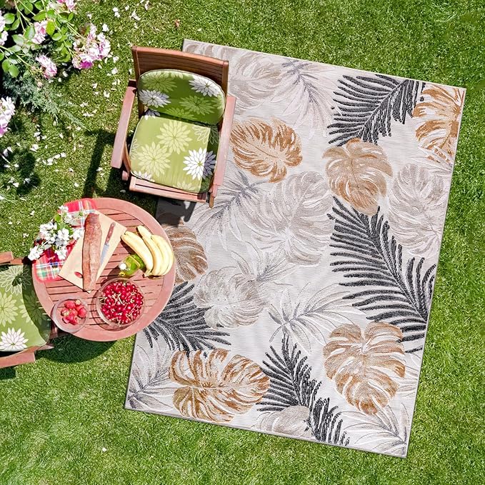 CAMILSON Indoor Outdoor Rug, Yellow 5x7 Leaf Tropical Botanical Area Rugs for Indoor and Outdoor patios, Easy-Cleaning Non-Shedding Living Room, Garden and Kitchen Washable Outside Carpet (5 x 7)