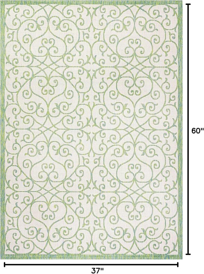 JONATHAN Y Vintage Filigree Indoor Outdoor Area Rug 3X5 Cream/Green, Madrid Textured Weave for Backyard, Patio, Porch, Easy-Cleaning, High Traffic, Pet-Friendly, Non-Shedding (SMB107J-3)