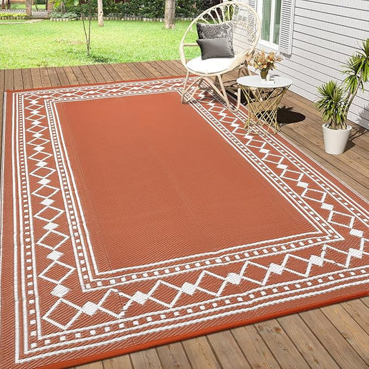 Garvee Outdoor Rug 8x10, Patio Rug Waterproof Plastic Straw Waterproof Reversible Patio Mat, Plastic Straw Rug for RV, Camping, Deck, Balcony, Easy Clean & Portable,Terracotta/White