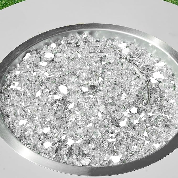 Skyflame 15LB Fire Pit Glass, High Luster Tempered Fire Glass Pellets for Fire Pit Table and Fire Bowl, 1/2-Inch Platinum