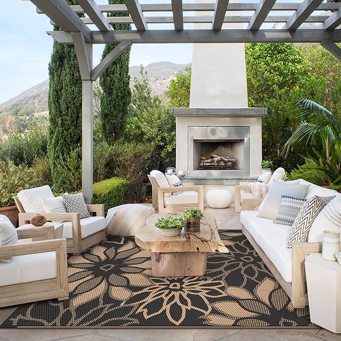 GENIMO Outdoor Rug Waterproof for Patio Decor, 6' x 9' Reversible Plastic Straw Floral Camping Carpet, Large Area Rugs Mats for RV, Camper, Deck, Balcony, Porch, Beach, Picnic, Black & Brown