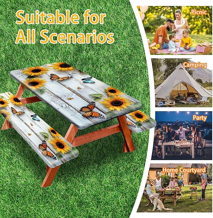 Picnic Table Cover with Bench Covers 72IN 6FT, Camping Essentials Tablecloth Waterproof Oilproof with elastic Edge for Indoor Outdoor Patio (Sunflower Wood Grain)