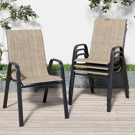Patio Chairs Set of 4, Stackable Outdoor Dining Chairs for All Weather Textilene Fabric & Metal Frame, Outdoor Chairs Set for Backyard Deck Garden (Brown, Set of 4)