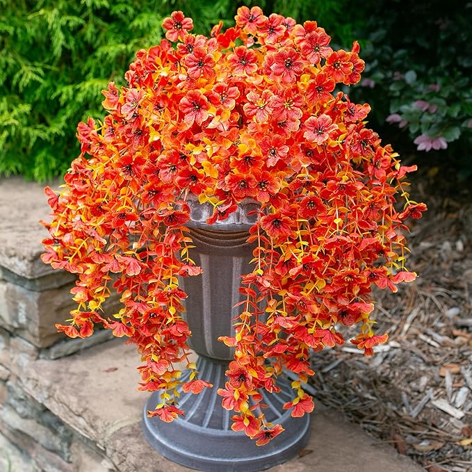 HyeFlora Fall Artificial Flowers for Outdoors Fake Silk Flower, 2Pcs Red Orange Daisy Autumn Decor, Realistic Hanging Decoration Plants, UV & Fading Resistant for Porch Patio Balcony Planter