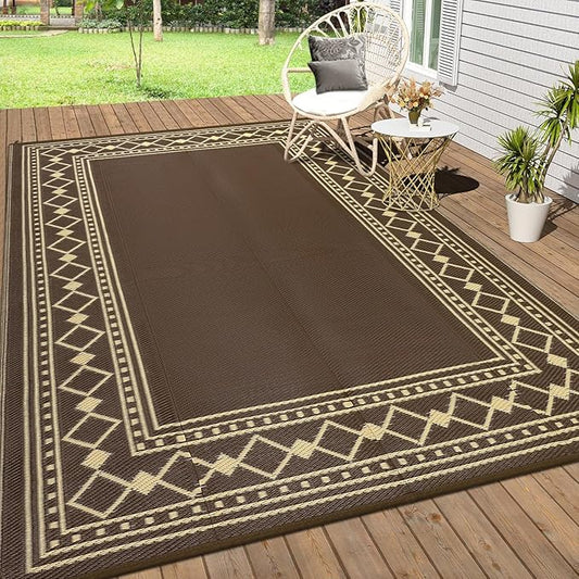 10x14 Large Outdoor Rug,Modern Bordered Plastic Straw Carpet,Waterproof Lightweight Outdoor Carpet,Easy Cleaning Folding Uv Resistant Picnic Camping Mat,Brown/Coffee