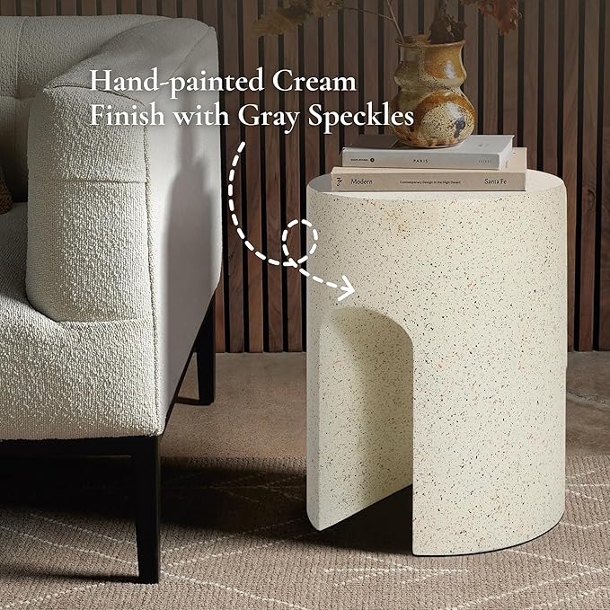 LuxenHome Mod Cream Cement Round with U-Shape Outdoor Side Table, Set of 2