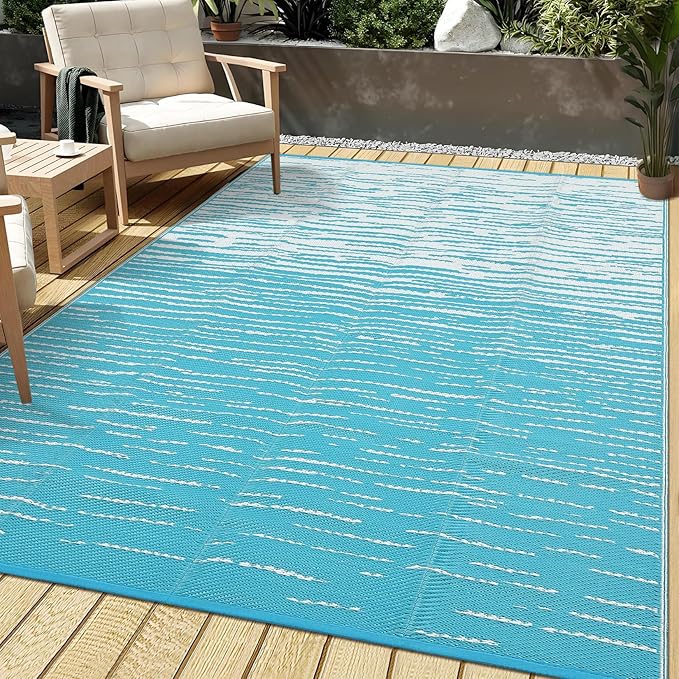 Outdoor Rug 5x8 Waterproof Patio Rugs Abstarct Line Reversible Mat for Front Door Rv Foldable Plastic Straw Carpet for Travel Trailers, Deck, Picnic, Porch, Camper, Balcony, Beach，Light Blue